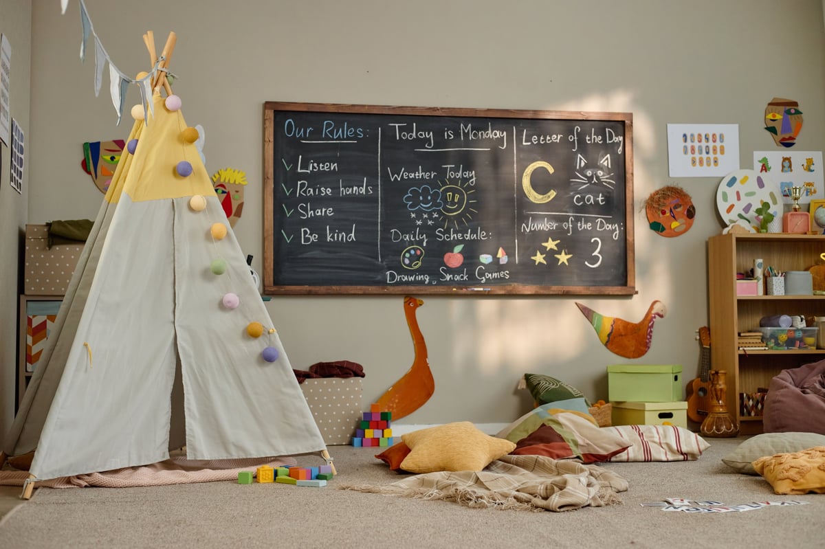 An organised classroom with colourful wall displays and décor